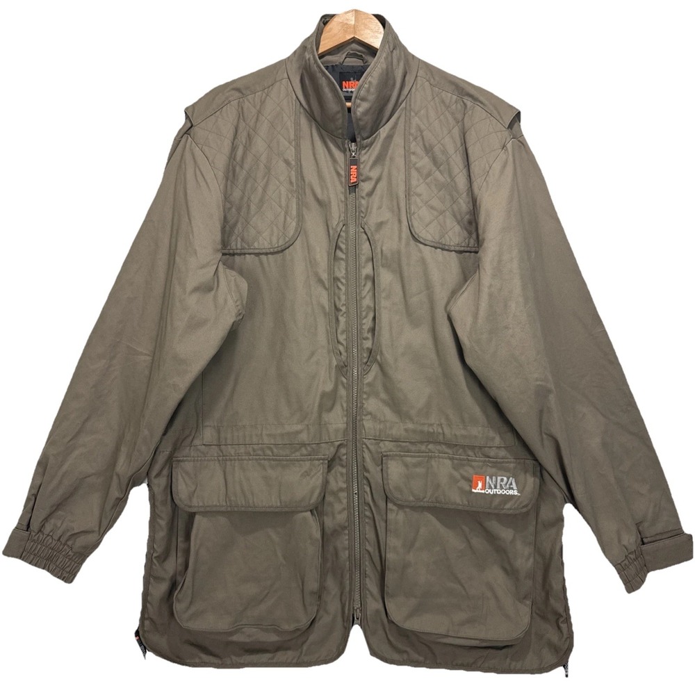 NRA Outdoors Uninsulated Range Coat Jacket Mens L Pockets Two Way Zipper‎ Tan